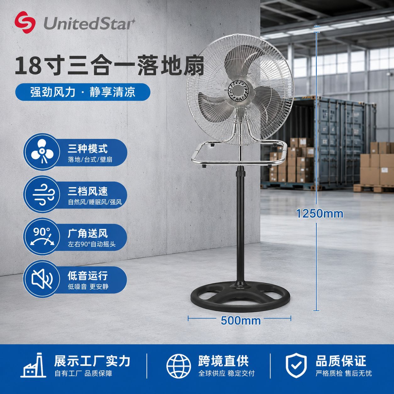 Ventilador industrial Lianxing de 18 pulgadas, tres en uno, totalmente metálico, con certificación CB y CE, suministro directo del fabricante para comercio transfronterizo.