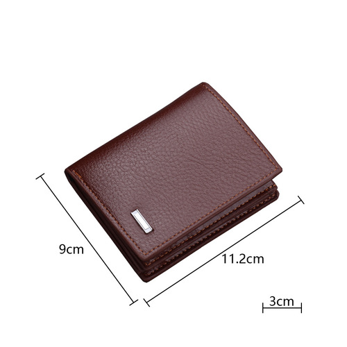 Men's short, vertical-style leather wallet with zipper and reinforced design—anti-scan feature—leather texture in lychee pattern
