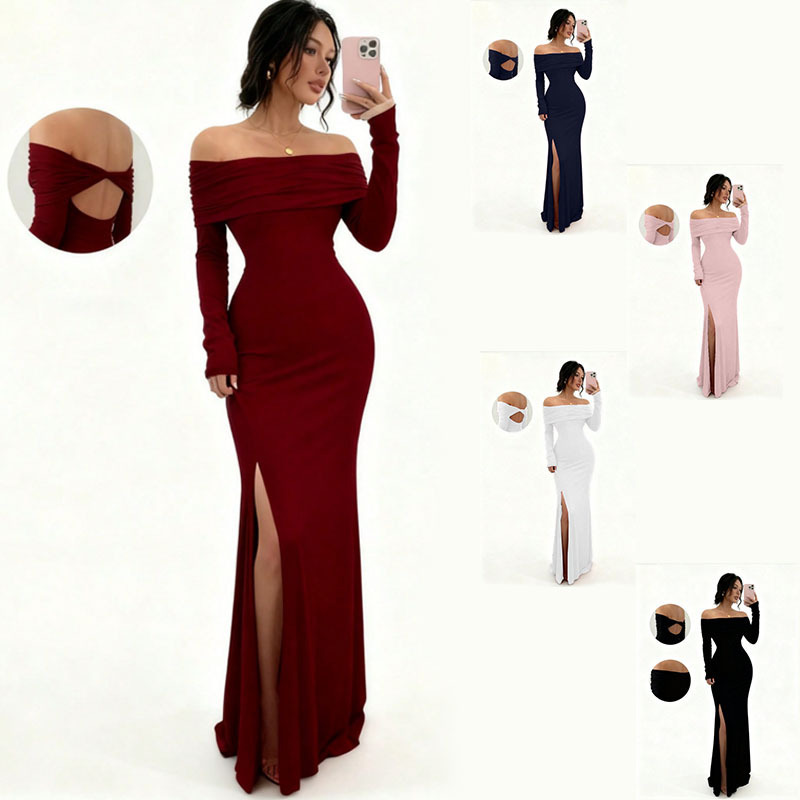 2025 New Cross-Border Autumn Long-Sleeved Slit One-Shoulder Fashion Slim Elegant Lady Sexy Hip-Hugging Dress