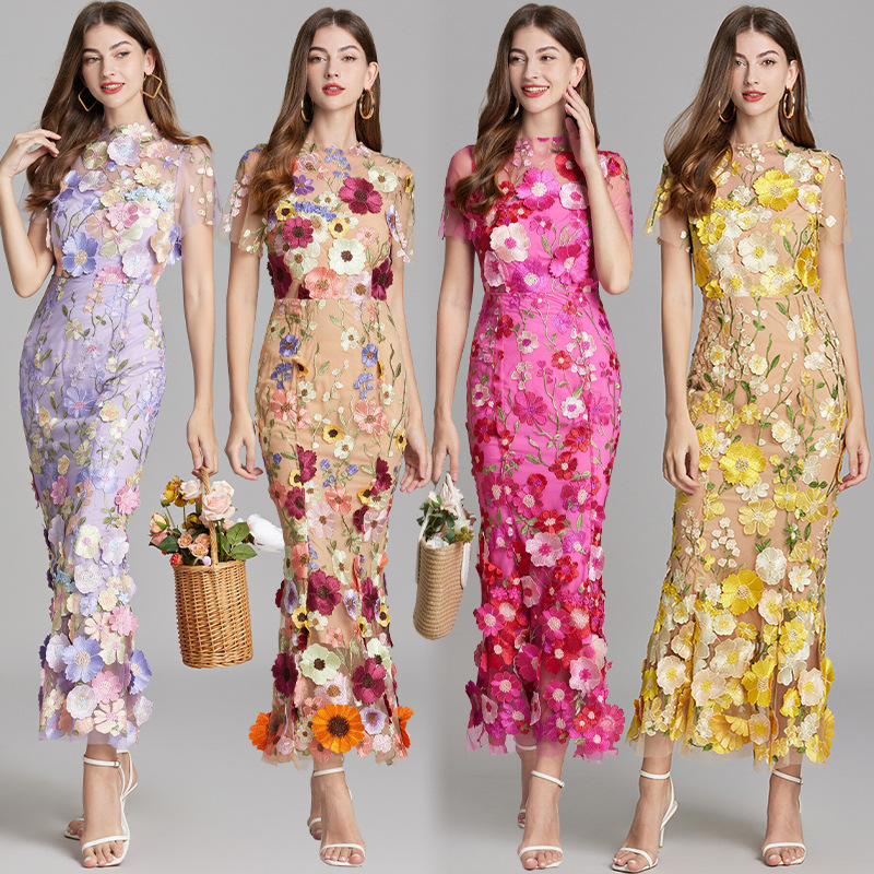628 Real Shot of New Summer Women's Clothing, Elegant Embroidered Stereo Flower Waist Short-Sleeved Dress, Slim Fishtail Skirt