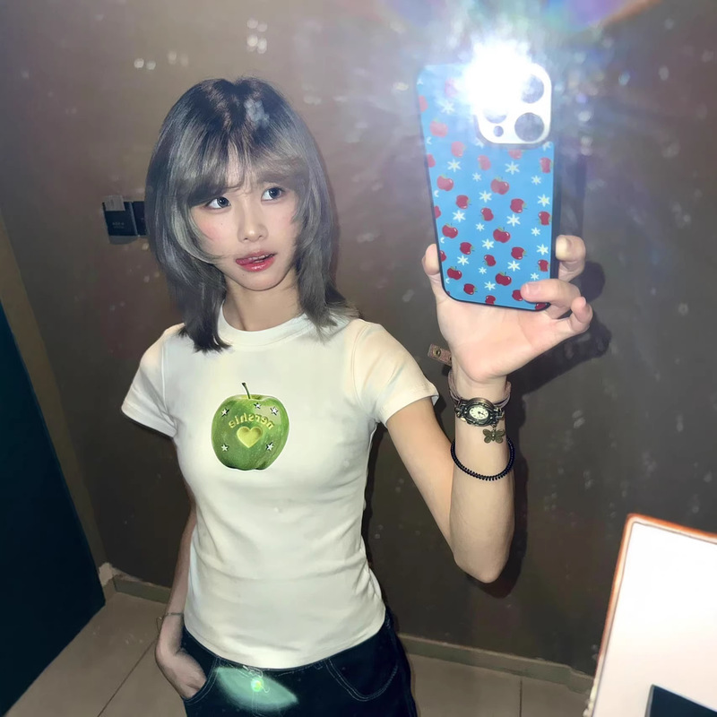 Apple Print High-Elastic White Pure Cotton T-Shirt Slim Fit Top Summer New Korean Style Casual Short-Sleeved Women's Top Apple Print High-Elastic White Pure Cotton T-Shirt Slim Fit Top Summer New Korean Style Casual Short-Sleeved Women's Top