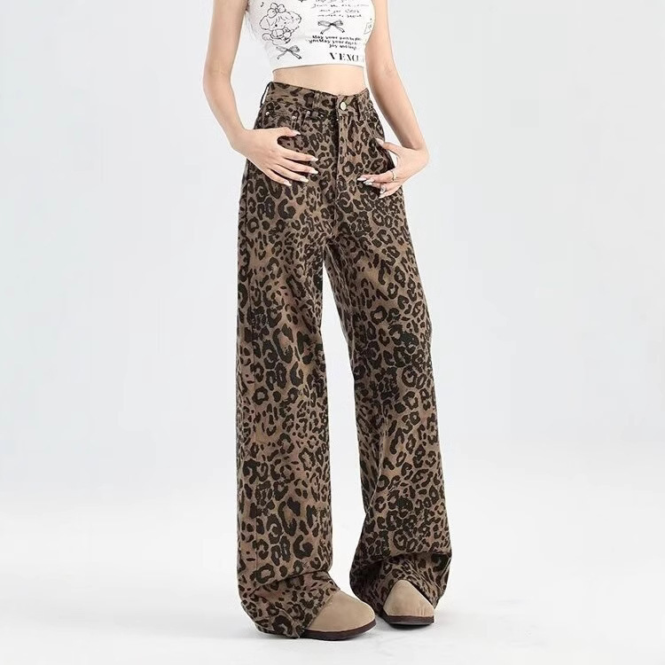 American Leopard Print Wide Leg Jeans Women's 2024 New Autumn and Winter High Waist Loose Straight Pants
