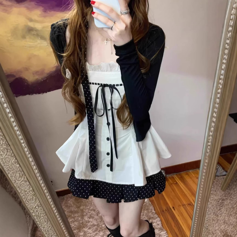 Sweet Girl's Preppy Style Black Long-Sleeved Knitted Cardigan Jacket + Bow-Tie Halter Top + Polka-Dot Skirt Three-Piece Set