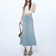 浅蓝色毛边牛仔半身裙女2025年春夏新款高腰A字显瘦包臀鱼尾裙子