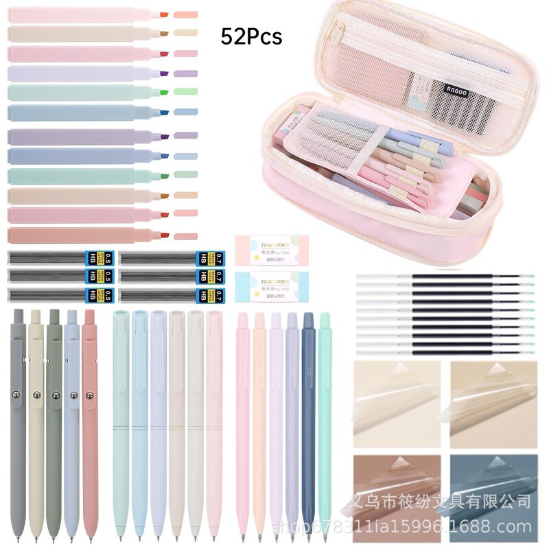 Macaron-Colored Stationery Box, Large-Capacity Highlighter Pencil Case, Student Drawing Gel Pen Pen Bag Combination Set for Storage