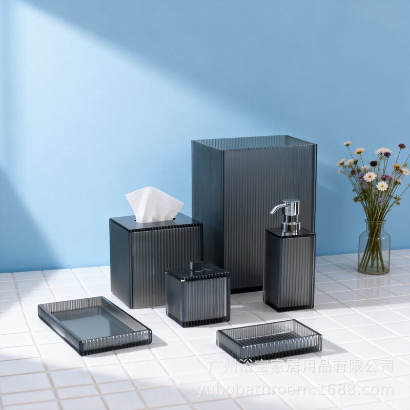 Hotel Trash Can, Resin Bathroom Vertical Stripe Set, Tissue Box, Hand Sanitizer Dispenser, Bath Salt Jar, Soap Dish