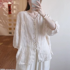 新中国式重工刺繍vネック綿麻シャツ女性カーディガン夏文芸範日焼け止めコート五分袖ブラウス