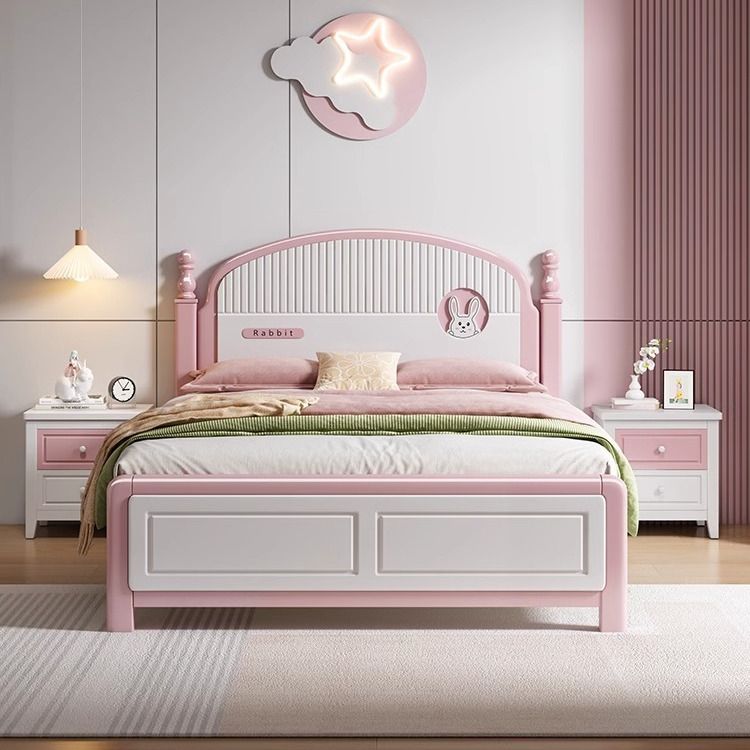 Solid Wood Children's Bed for Home Use 1.2m Single Bed Girl Pink Princess Bed 1.8m Double Bed Children's Room Silk Flowers