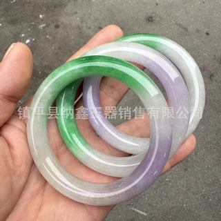 厂家批发翡翠B货冰糯种春彩胖圆手镯翡翠三色白绿紫手镯精选发货