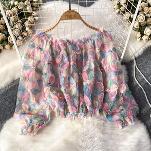 Summer fashion gentle style sweet temperament sequin three-dimensional flower one-shoulder off-shoulder chiffon shirt women's style top
