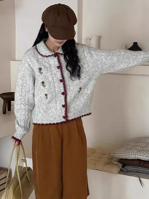 手工花朵刺绣polo领针织开衫女2025秋冬新款韩系甜美百搭毛衣外套|undefined