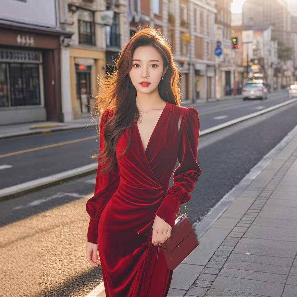 가을과 겨울 풍부한 가족 디린 프렌치 레트로 아름다운 빛 원피스 스커트를 원피스 발목 착용 버건디 벨벳