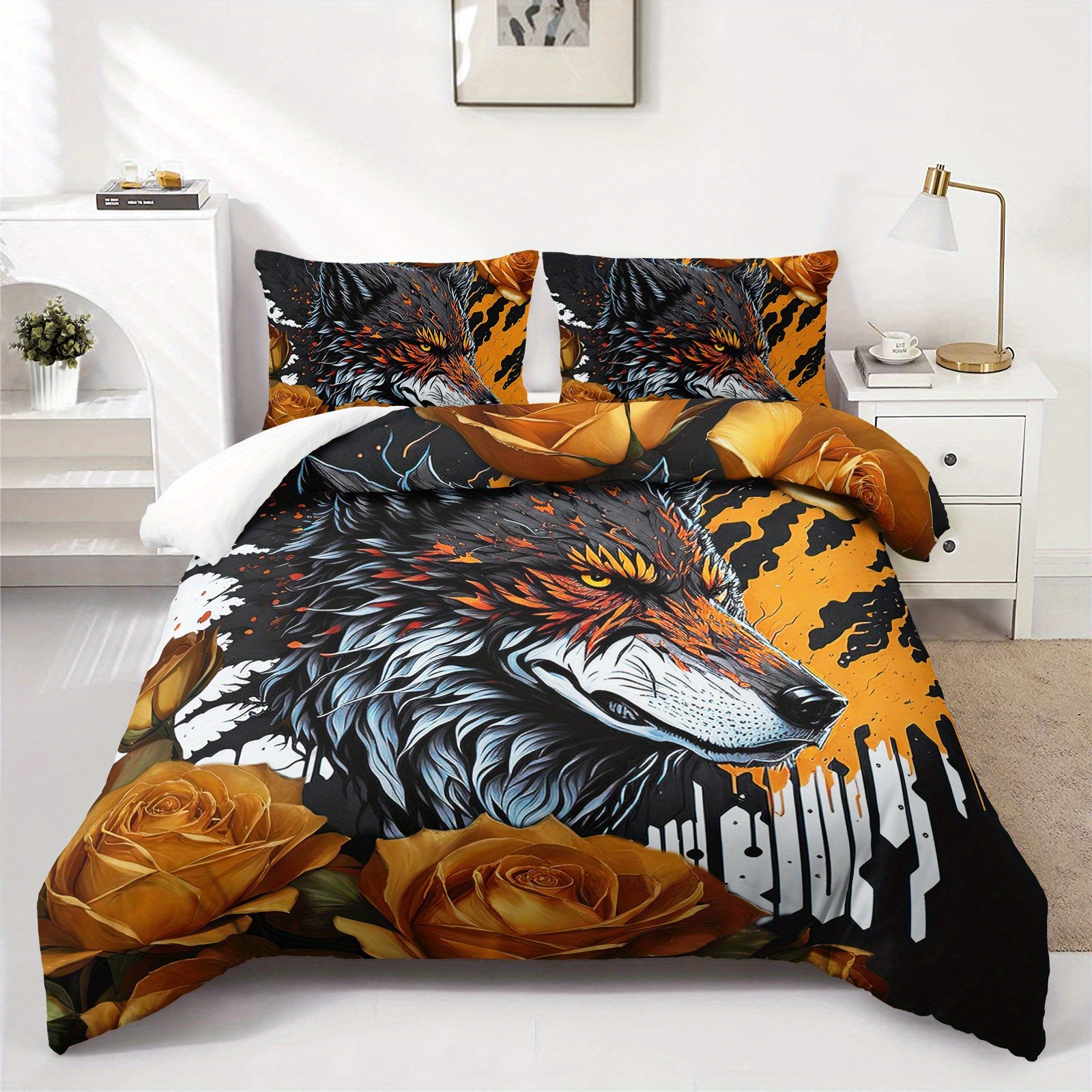 TEMU / JIT transfronterizo impresión digital abrasión edredón kit tridimensional animal lobo blanco estilo textil para el hogar dibujo puede hacer