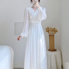 连衣裙秋冬加绒加厚2023新款茶歇法式赫本风白色长裙仙女长袖代发