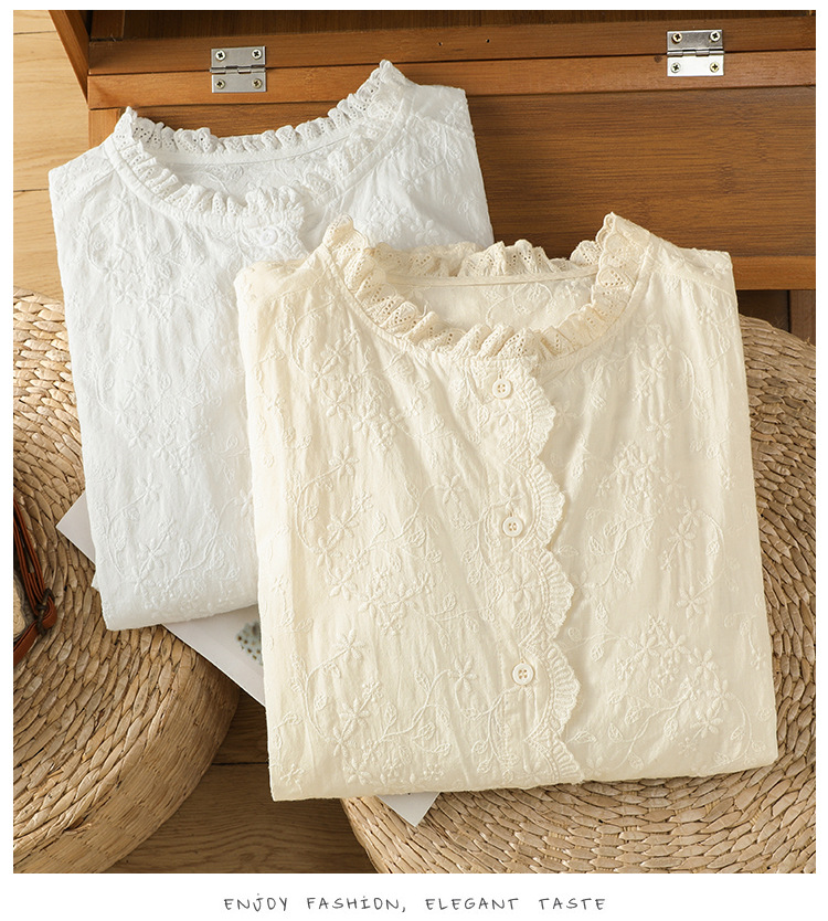 Camicia donna a maniche lunghe in cotone con pizzo e ricami_voghion.com