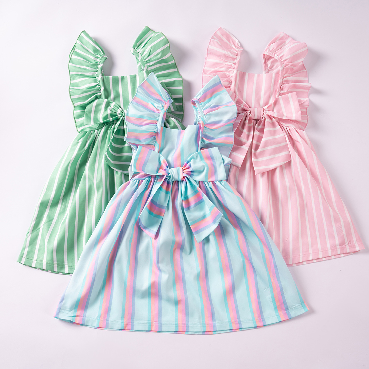 2025 Cross-Border New Summer Girls Dress Stripesd Sweet Bow Small Flying Sleeves A-Line Skirt Princess Dress