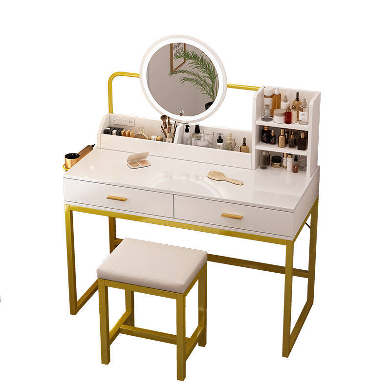 Moderno simple dormitorio mesa de maquillaje multifuncional mesa de maquillaje pequeño almacenamiento lámpara LED de atenuación tricolor