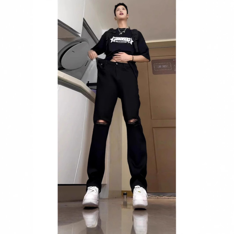 American Style Vintage Vibe Pants High Street Trendy Brand Ripped Jeans Men's Slim-Fit Straight Pants