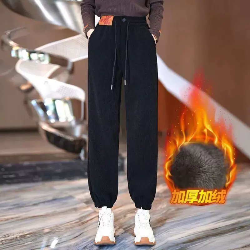 春秋冬加绒女裤雪尼尔大码宽松束脚运动休闲卫裤保暖棉裤哈伦裤