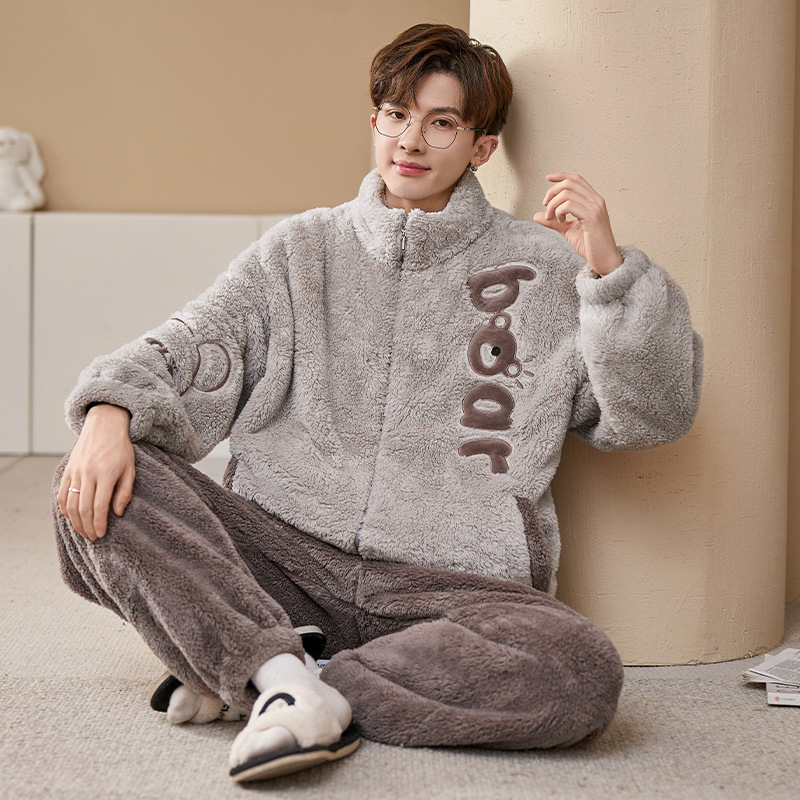 Winter New Plush Men's Cardigan Zipper Suit Pajamas Plus Thickened Warm Flannel Men's Home Clothes