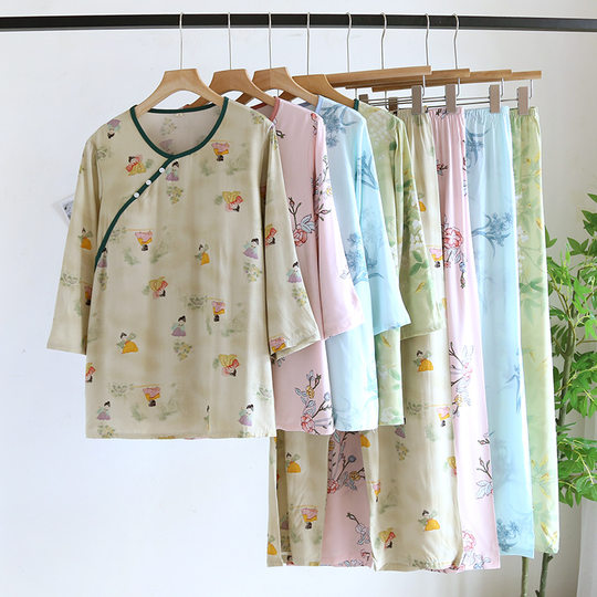 National Style Cotton Silk Belt Chest Pad Pajamas Women's Spring and Summer New Chinese Style Mid-Sleeve Trousers Artificial Cotton Thin Home Clothes suit