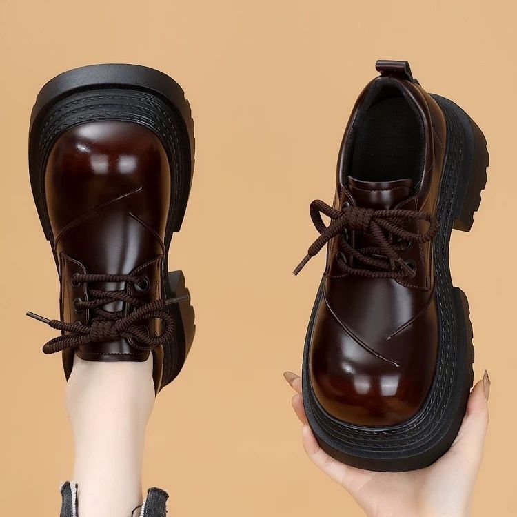Zapatos Lofu de suela gruesa de 7CM para mujer 2025 primavera y otoño nuevo estilo zapatos con cordones de punta redonda dos zapatos de cuero pequeños de aumento cómodo de algodón