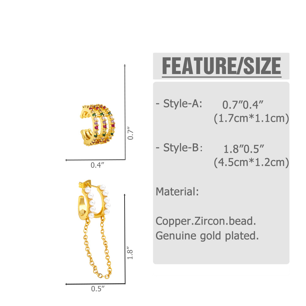 1 Pair Fashion C Shape Inlay Copper Pearl Zircon 18k Gold Plated Hoop Earrings Ear Clips display picture 1