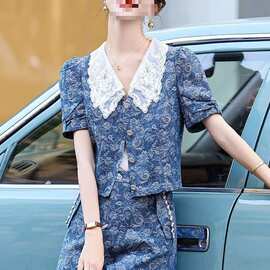 牛仔蓝洋气薄款印花名媛小香风减龄小个子气质套装短裤套装女夏季