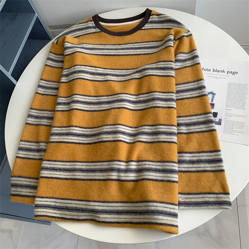 秋冬减龄复古黄色条纹兔绒衫加绒加厚打底衫款式百搭磨毛保暖上衣