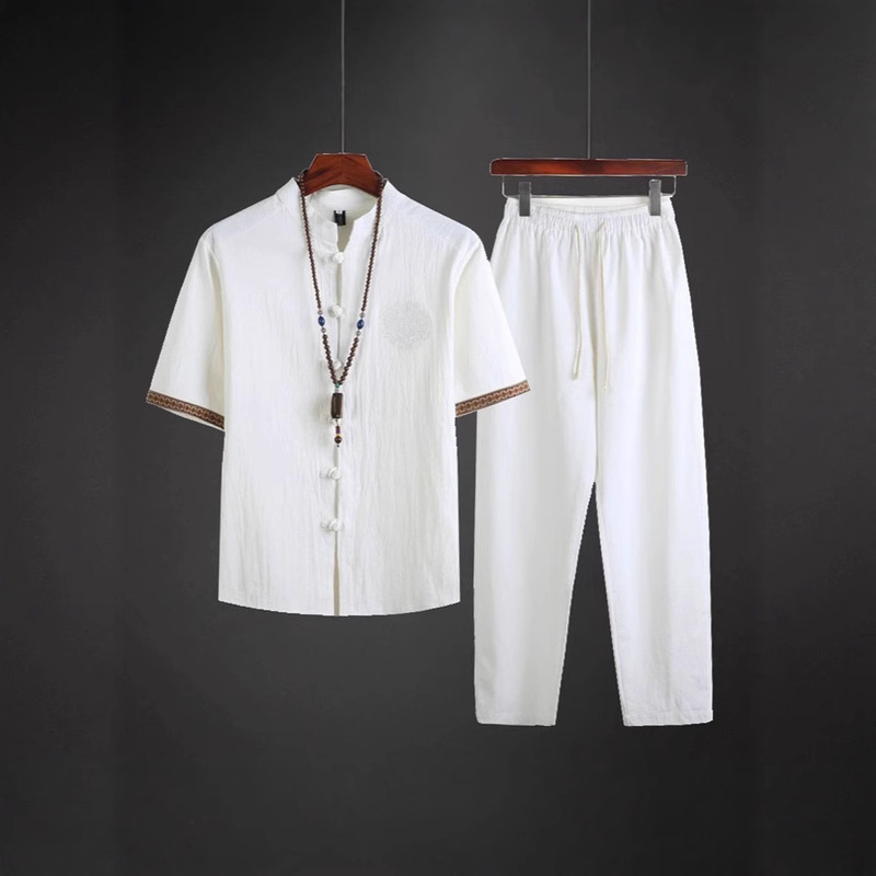 Chinese Style Men's Summer Thin Linen Suit Men's Chinese Tang Suit Hanfu Two-Piece Retro Cotton and Linen Tea Zen Suit