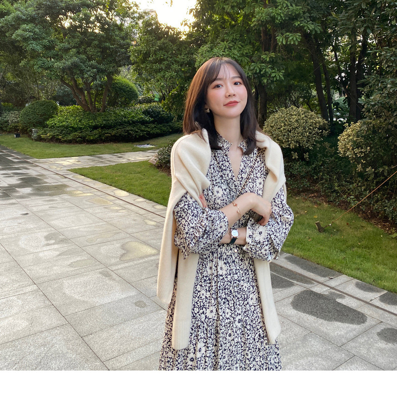 2026 Limited Edition Cream Floral Dress V-Neck Waist-Cinching Mid-Length Women's Dress