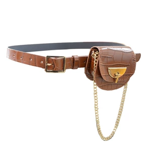 Women's Casual Elegant Belt Bag with Gold Chain Decoration Long Square Buckle Closure PU Leather 2-4cm Width