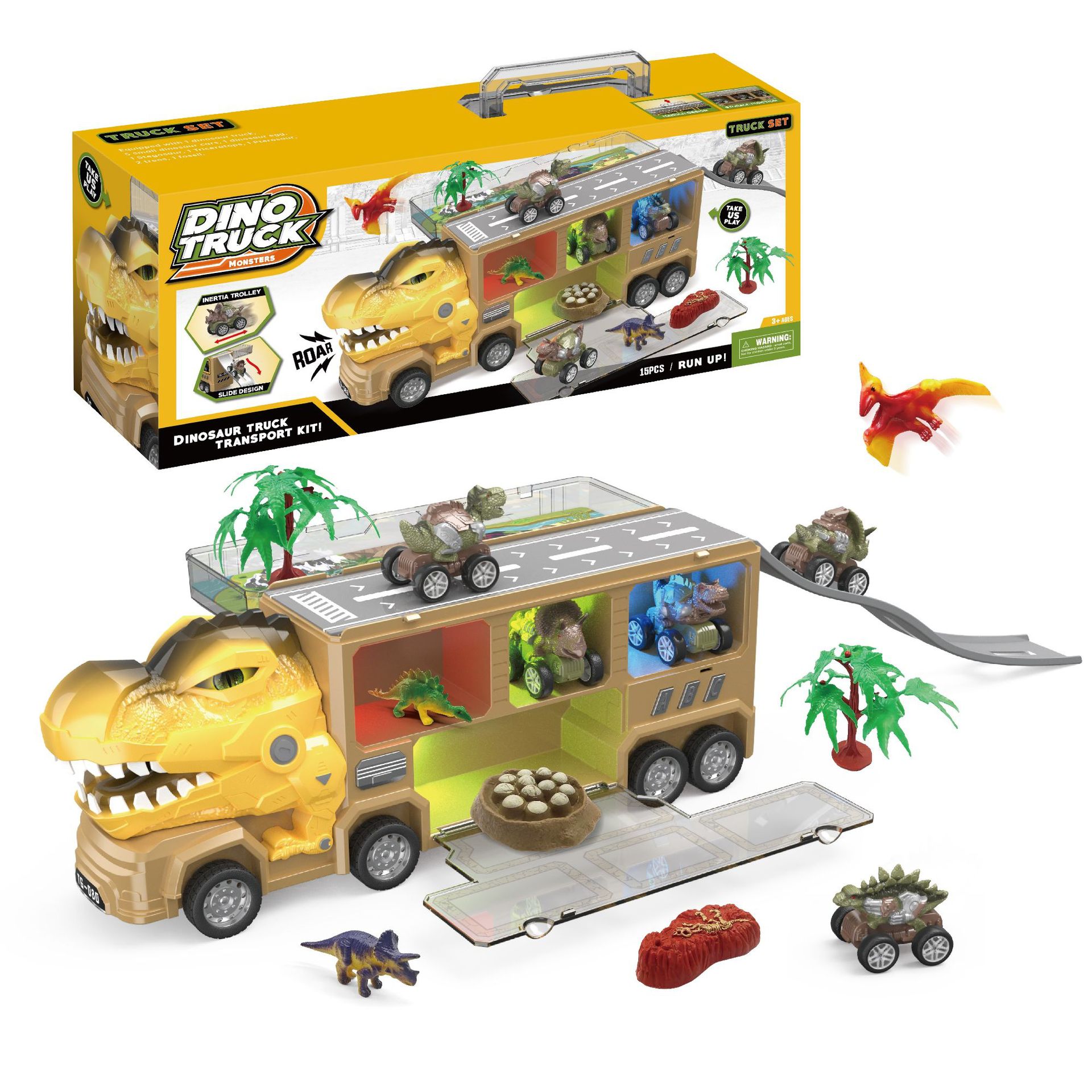Transfronterizo nuevo coche de almacenamiento de dinosaurios inercia eléctrica tire de tiranosaurio transporte contenedor camión modelo juguetes para niños image 8