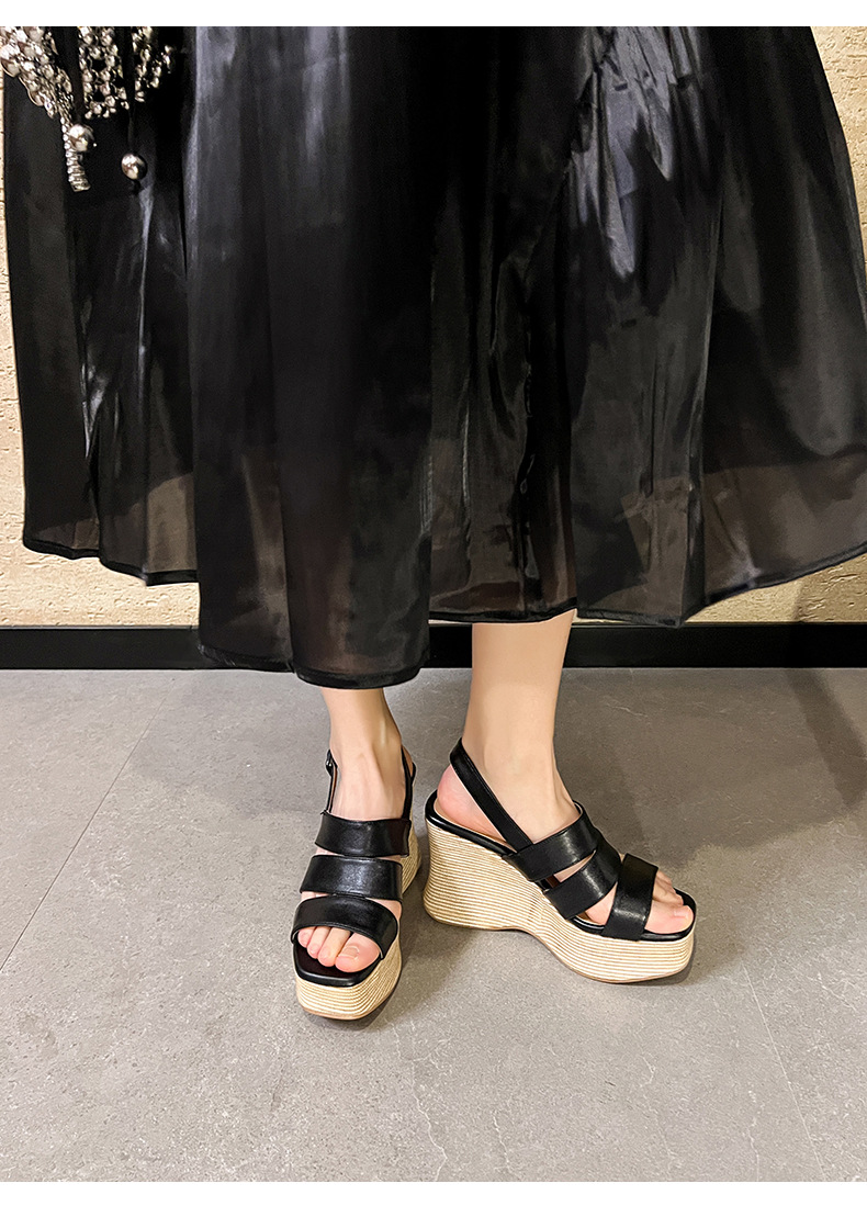 Sandal cao gót nữ hở mũi quai ngang đế xuồng da thật — màu đen, màu trắng ngà chi tiết 9