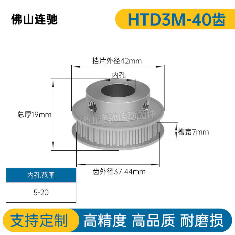 3M40齿同步轮齿宽7两面平K型 内孔6-20同步带轮HTPA3M060