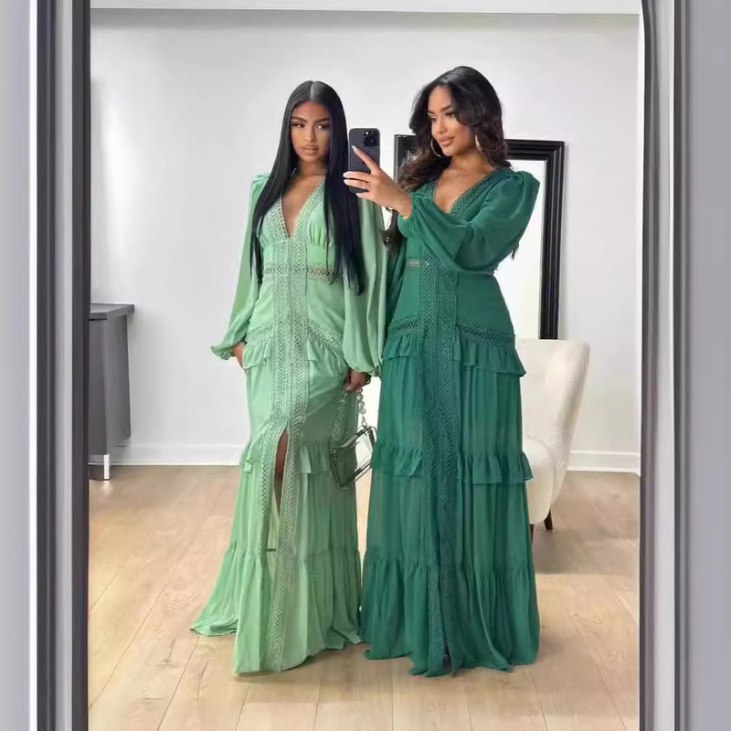 Cross-Border European and American 2024 Autumn and Winter Elegant Splicing Long-Sleeved V Neck Dress Women's Long Skirt