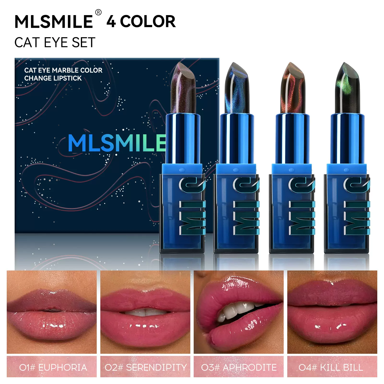 猫眼闪亮变色口红套装跨境亚马逊爆款不沾杯滋润珠光细闪温变口红