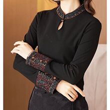 刺绣文艺复古民族风T恤女秋冬立领加绒打底长袖新款禅意保暖上衣