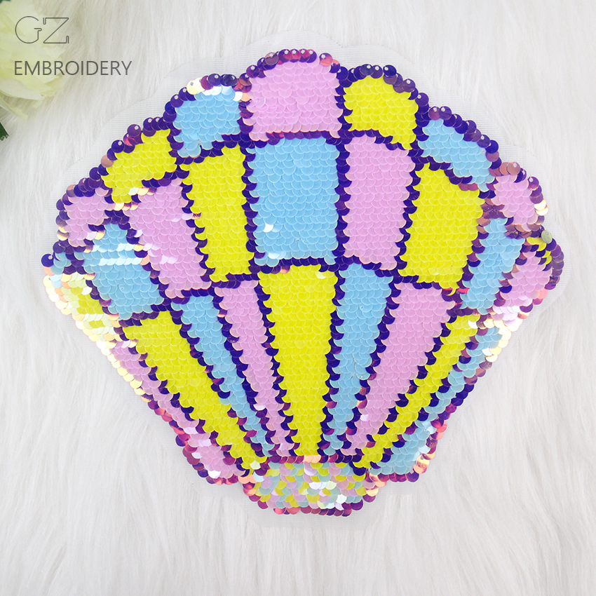 电脑绣花彩虹贝壳大亮片刺绣布贴 羽绒服卫衣牛仔衣DIY装饰补丁贴