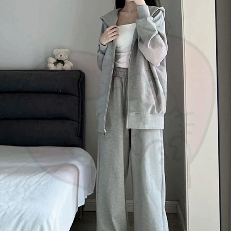 休闲运动套装女秋冬新款宽松连帽灰色卫衣阔腿裤两件套开衫外套潮|undefined