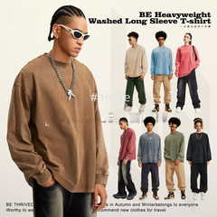 BE men's clothing 2025 American fashion brand retro washing clothes men's pure cotton 270G long-sleeved T-shirt teen t-shirt men