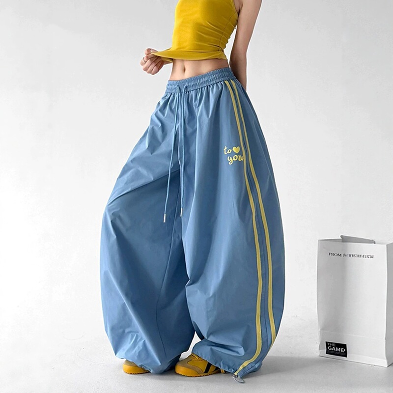 Blue Letter Print Side Stripe Sports Pants Summer Thin Quick-Dry Parachute Pants Loose Wide-Leg Casual Pants