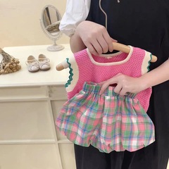 Girls summer suit 2023 fashionable baby girl pink knitted vest plaid bud shorts two-piece set