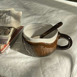 创意椰子壳咖啡杯ins高颜值陶瓷牛奶马克杯高级感小众椰壳撞色杯