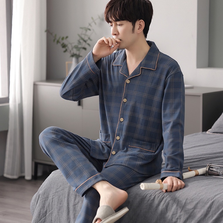 Lapel Cardigan Pajamas for Men, Autumn Long-Sleeve Plaid 2026 New Style, Plus Size, Spring and Autumn Loungewear