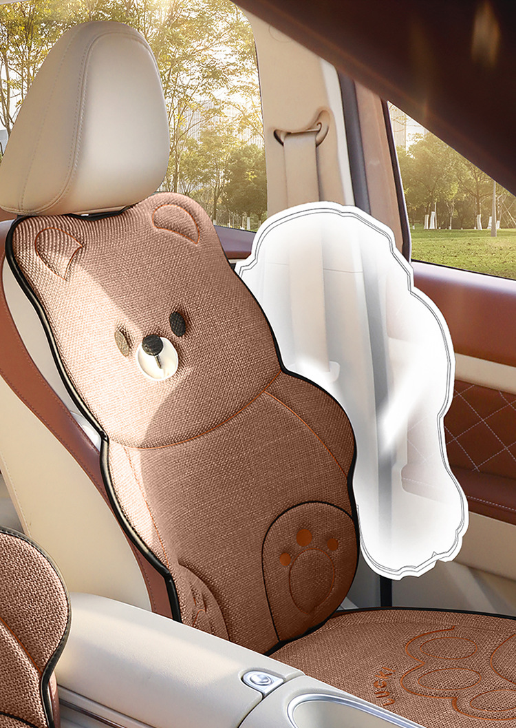 Car Seat Cushion for All Seasons, Cartoon Design, Breathable Cotton and Linen for Summer, Ventilated for Autumn and Winter, Half-Cover, Cute Bear Seat Cover for Women