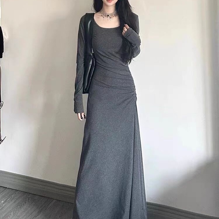 法式长袖灰色连衣裙子女收腰气质垂坠感显身材内搭包臀长裙早秋季|undefined