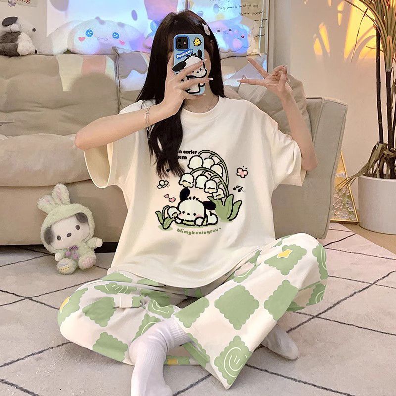 Pijamas al por mayor transfronterizos para mujer verano nuevos pantalones de manga corta sueltos que se pueden usar al aire libre dibujos animados lindo traje de servicio a domicilio imitación algodón