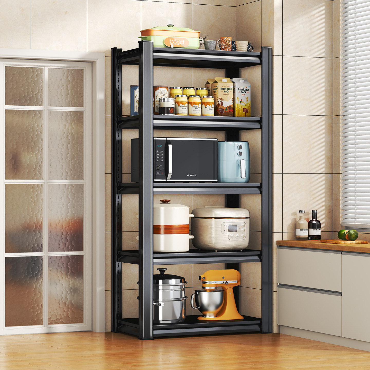 Kitchen Storage Rack Multi-Functional Floor-Standing Multi-Layer Rice Cooker and Microwave Storage Rack Household Steel Storage Iron Rack