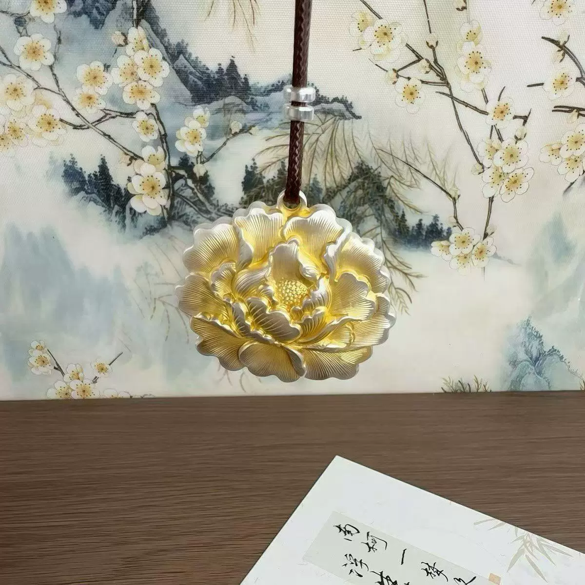 描金双面牡丹花项链立体浮雕白铜镀银新中式国风大气时尚百搭吊坠